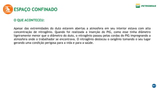 O QUE ACONTECEU:
ESPAÇO CONFINADO
Apesar das extremidades do duto estarem abertas a atmosfera em seu interior estava com alta
concentração de nitrogênio. Quando foi realizada a inserção do PIG, como esse tinha diâmetro
ligeiramente menor que o diâmetro do duto, o nitrogênio passou pelas cordas do PIG impregnando a
atmosfera onde o trabalhador se encontrava. O nitrogênio deslocou o oxigênio tomando o seu lugar
gerando uma condição perigosa para a vida e para a saúde.
 