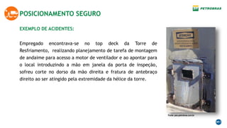 EXEMPLO DE ACIDENTES:
POSICIONAMENTO SEGURO
Empregado encontrava-se no top deck da Torre de
Resfriamento, realizando planejamento de tarefa de montagem
de andaime para acesso a motor de ventilador e ao apontar para
o local introduzindo a mão em janela da porta de inspeção,
sofreu corte no dorso da mão direita e fratura de antebraço
direito ao ser atingido pela extremidade da hélice da torre.
Fonte: peo.petrobras.com.br
 