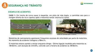 EXEMPLO DE ACIDENTES:
SEGURANÇA NO TRÂNSITO
CASO 1: Em trecho de curva suave à esquerda, em pista de mão dupla, o caminhão saiu para a
margem direita da via e capotou após o motorista tentar retorna-lo à pista.
Croquis do acidente Estado do caminhão após o acidente
Relatórios de rastreamento apontaram frequentes excessos de velocidade por parte do motorista.
No momento do acidente trafegava a 98km/h.
O motorista estava usando o celular enquanto dirigia - Última ligação recebida pelo motorista as
18h42min, com duração de 3min47s, coincide com o horário do acidente às 18h46min.
 