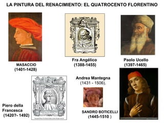 LA PINTURA DEL RENACIMIENTO: EL QUATROCENTO FLORENTINO MASACCIO (1401-1428)   SANDRO BOTICELLI ( 1445-1510  ) Paolo Ucello (1397-1465)   Fra Angélico (1388-1455) Piero della  Francesca (1420?- 1492)  Andrea Mantegna   (1431 - 1506).  