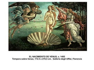 EL NACIMIENTO DE VENUS, c. 1485 Témpera sobre lienzo, 172.5 x 278.5 cm.  Galleria degli Uffizi, Florencia 