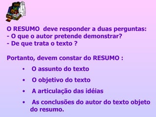 O RESUMO  deve responder a duas perguntas: - O que o autor pretende demonstrar? - De que trata o texto ? Portanto, devem constar do RESUMO :   O assunto do texto O objetivo do texto A articulação das idéias As conclusões do autor do texto objeto do resumo. 
