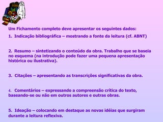 Um Fichamento completo deve apresentar os seguintes dados:  1.    Indicação bibliográfica – mostrando a fonte da leitura (cf. ABNT)  2.    Resumo – sintetizando o conteúdo da obra. Trabalho que se baseia no esquema (na introdução pode fazer uma pequena apresentação histórica ou ilustrativa).  3.  Citações – apresentando as transcrições significativas da obra.  4.  Comentários – expressando a compreensão crítica do texto, baseando-se ou não em outros autores e outras obras.  5.  Ideação – colocando em destaque as novas idéias que surgiram durante a leitura reflexiva.   