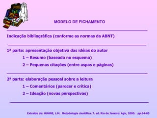MODELO DE FICHAMENTO   ________________________________________________________ Indicação bibliográfica (conforme as normas da ABNT)  _ _______________________________________________________ 1ª parte: apresentação objetiva das idéias do autor  1 – Resumo (baseado no esquema)  2 – Pequenas citações (entre aspas e páginas)   ________________________________________________________ 2ª parte: elaboração pessoal sobre a leitura  1 – Comentários (parecer e crítica)  2 – Ideação (novas perspectivas)     _ _______________________________________________________   Extraído de: HUHNE, L.M.  Metodologia científica. 7. ed. Rio de Janeiro: Agir, 2000.  pp.64-65  