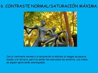 6. CONTRASTE NORMAL/SATURACIÓN MÁXIMA. 
Con el contraste normal y la saturación al máximo la imagen se parece 
mucho a la tercera, pero no están tan marcadas las sombras. Los tonos 
se siguen apreciando anaranjados. 
 
