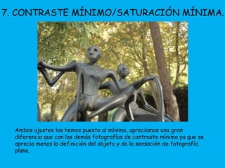 7. CONTRASTE MÍNIMO/SATURACIÓN MÍNIMA. 
Ambos ajustes los hemos puesto al mínimo, apreciamos una gran 
diferencia que con las demás fotografías de contraste mínimo ya que se 
aprecia menos la definición del objeto y da la sensación de fotografía 
plana. 
 