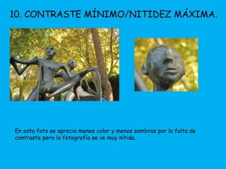 10. CONTRASTE MÍNIMO/NITIDEZ MÁXIMA. 
En esta foto se aprecia menos color y menos sombras por la falta de 
contraste pero la fotografía se ve muy nítida. 
 