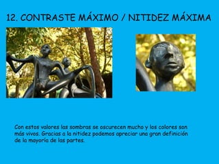 12. CONTRASTE MÁXIMO / NITIDEZ MÁXIMA 
Con estos valores las sombras se oscurecen mucho y los colores son 
más vivos. Gracias a la nitidez podemos apreciar una gran definición 
de la mayoría de las partes. 
