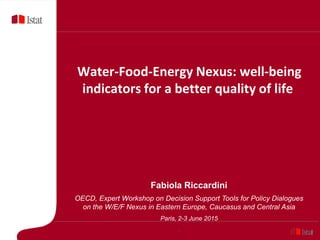 1
Water-Food-Energy Nexus: well-being
indicators for a better quality of life
Fabiola Riccardini
OECD, Expert Workshop on Decision Support Tools for Policy Dialogues
on the W/E/F Nexus in Eastern Europe, Caucasus and Central Asia
Paris, 2-3 June 2015
 