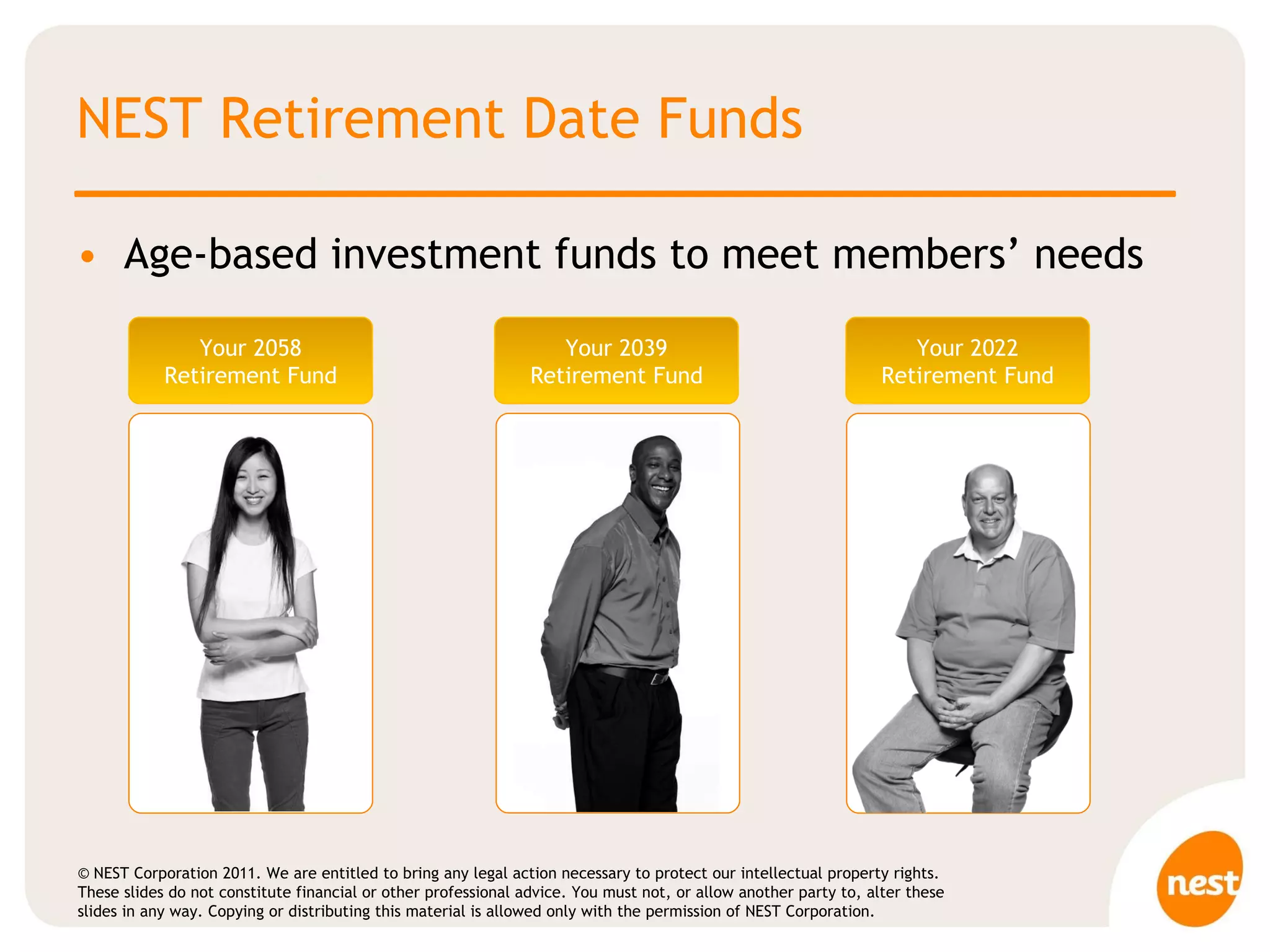 NEST Retirement Date Funds Age-based investment funds to meet members’ needs Your 2058 Retirement Fund Your 2039 Retirement Fund Your 2022 Retirement Fund 
