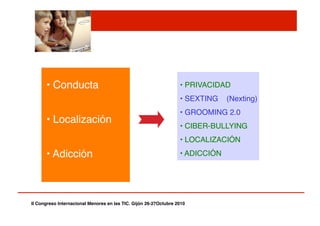 Contacto! Comercial!
Contenido!
• Conducta"
• Localización"
• Adicción"
II Congreso Internacional Menores en las TIC. Gijón 26-27Octubre 2010!
• PRIVACIDAD"
• SEXTING (Nexting)"
• GROOMING 2.0"
• CIBER-BULLYING"
• LOCALIZACIÓN"
• ADICCIÓN"
 