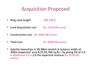 Acquisition Proposed Ring road length  169.73km Land Acquisition cost  Rs. 2374.00 crores Construction cost  Rs. 6065.00 crores Total cost Rs. 8439.00 crores . Satelite townships in 38.38km stretch in balance width of 200m (expected  area 8,25,93,760 sq.ft) – by giving FSI of 1.0 +  additional 1.0  = 2.0 the expected revenue  Rs. 9228.00 crores . 