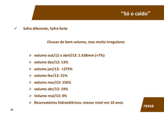 “Só	
  o	
  caldo”	
  
  Safra	
  diferente,	
  Safra	
  forte	
  
Chuvas	
  de	
  bom	
  volume,	
  mas	
  muito	
  irregulares	
  
  volume	
  out/12	
  a	
  abril/13:	
  1.638mm	
  (+7%)	
  
  volume	
  dez/12:	
  13%	
  
  volume	
  jan/13:	
  	
  +275%	
  
  volume	
  fev/13:	
  51%	
  	
  
  volume	
  mar/13:	
  156%	
  
  volume	
  abr/13:	
  19%	
  
  Volume	
  mai/13:	
  0%	
  
  Reservatórios	
  hidroelétricos:	
  menor	
  nível	
  em	
  10	
  anos	
  
rassa	
  
36	
  
 