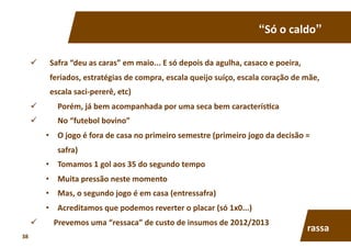 “Só	
  o	
  caldo”	
  
  Safra	
  “deu	
  as	
  caras”	
  em	
  maio...	
  E	
  só	
  depois	
  da	
  agulha,	
  casaco	
  e	
  poeira,	
  
feriados,	
  estratégias	
  de	
  compra,	
  escala	
  queijo	
  suíço,	
  escala	
  coração	
  de	
  mãe,	
  
escala	
  saci-­‐pererê,	
  etc)	
  
  	
  	
  	
  	
  Porém,	
  já	
  bem	
  acompanhada	
  por	
  uma	
  seca	
  bem	
  caracterís7ca	
  
  	
  	
  	
  	
  No	
  “futebol	
  bovino”	
  	
  
•  O	
  jogo	
  é	
  fora	
  de	
  casa	
  no	
  primeiro	
  semestre	
  (primeiro	
  jogo	
  da	
  decisão	
  =	
  
safra)	
  
•  Tomamos	
  1	
  gol	
  aos	
  35	
  do	
  segundo	
  tempo	
  
•  Muita	
  pressão	
  neste	
  momento	
  
•  Mas,	
  o	
  segundo	
  jogo	
  é	
  em	
  casa	
  (entressafra)	
  
•  Acreditamos	
  que	
  podemos	
  reverter	
  o	
  placar	
  (só	
  1x0...)	
  
  	
  	
  Prevemos	
  uma	
  “ressaca”	
  de	
  custo	
  de	
  insumos	
  de	
  2012/2013	
  
rassa	
  
38	
  
 
