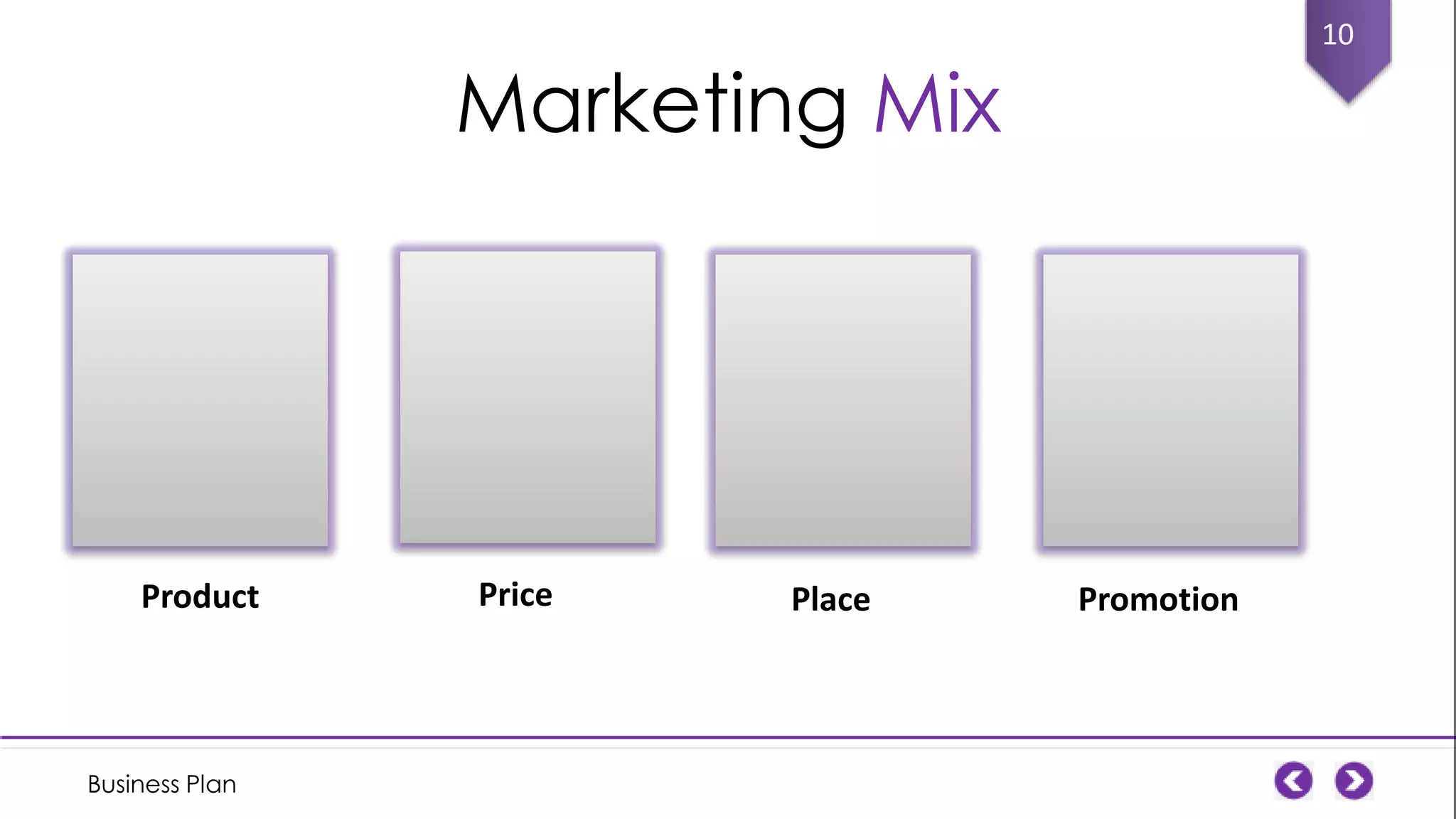 10

Marketing Mix

Product

Business Plan

Price

Place

Promotion

 