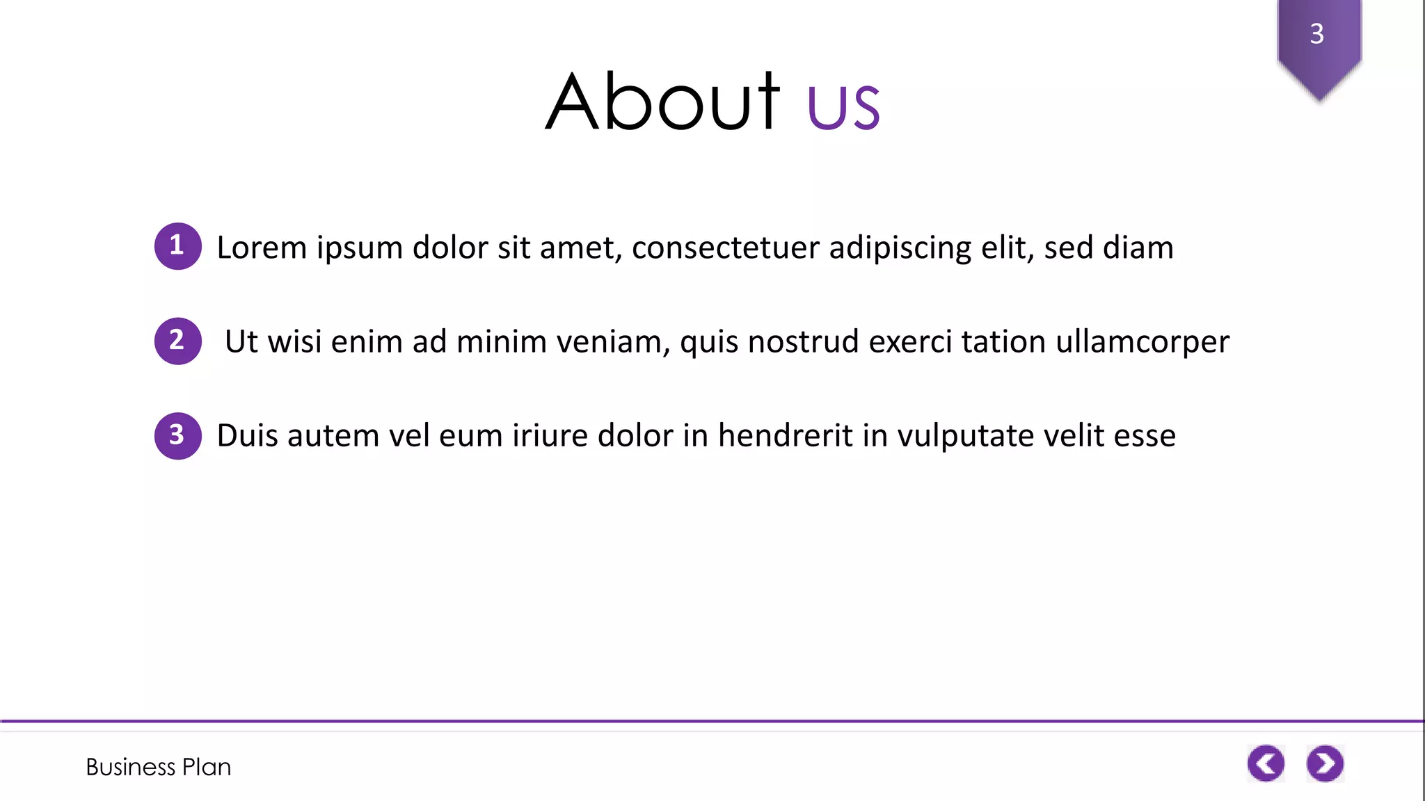About us
1 Lorem ipsum dolor sit amet, consectetuer adipiscing elit, sed diam
2

Ut wisi enim ad minim veniam, quis nostrud exerci tation ullamcorper

3 Duis autem vel eum iriure dolor in hendrerit in vulputate velit esse

Business Plan

3

 