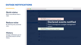 Quick status
Much more efficient than e-
mails
OUTAGE NOTIFICATIONS
Reduce noise
By informing only concerned
users
History
Outages notifications part of
the whole product’s activity
history
Declared events notified
From a homegrown outages management
system
 