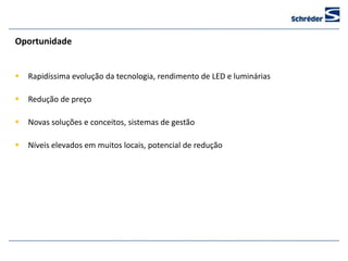 Oportunidade


   Rapidíssima evolução da tecnologia, rendimento de LED e luminárias

   Redução de preço

   Novas soluções e conceitos, sistemas de gestão

   Níveis elevados em muitos locais, potencial de redução
 
