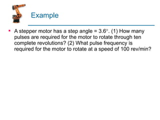 Example A stepper motor has a step angle = 3.6  . (1) How many pulses are required for the motor to rotate through ten complete revolutions? (2) What pulse frequency is required for the motor to rotate at a speed of 100 rev/min? 