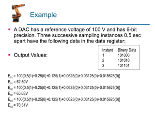 Example A DAC has a reference voltage of 100 V and has 6-bit precision. Three successive sampling instances 0.5 sec apart have the following data in the data register: Output Values: Instant Binary Data 1 101000 2 101010 3 101101 E 01  = 100{0.5(1)+0.25(0)+0.125(1)+0.0625(0)+0.03125(0)+0.015625(0)} E 01  = 62.50V E 02  = 100{0.5(1)+0.25(0)+0.125(1)+0.0625(0)+0.03125(0)+0.015625(0)} E 02  = 65.63V E 03  = 100{0.5(1)+0.25(0)+0.125(1)+0.0625(0)+0.03125(0)+0.015625(0)} E 03  = 70.31V 