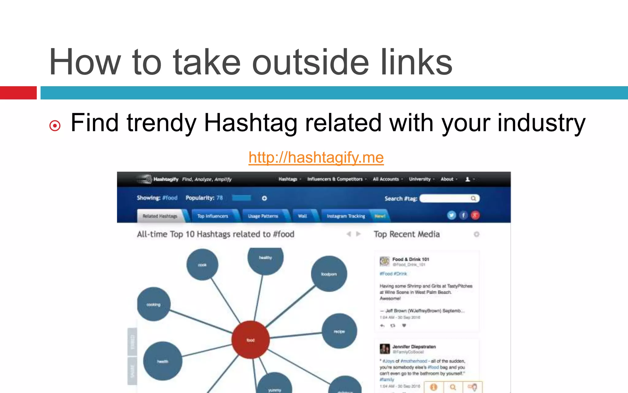 How to take outside links
 Find trendy Hashtag related with your industry
http://hashtagify.me
 