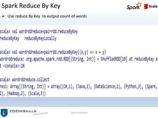Spark Reduce By Key
 Use reduce By Key to output count of words
Spark and Scala
 