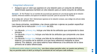 Integridad referencial
• Asegura que un valor que aparece en una relación para un conjunto de atributos
determinado aparezca también en otra relación para un cierto conjunto de atributos.
Ejemplo: Si “As Pontes” es un nombre de sucursal que aparece en una de las tuplas de la relación
cuenta, entonces existirá una tupla en la relación sucursal para la sucursal “As Pontes”.
Si el código del artículo ‘Ord. Sobremesa’ aparece en la relación compra, ese código de artículo debe
aparecer en la relación artículo.
Las claves primarias, candidatas y las claves externas o ajenas se pueden especificar
como parte de la instrucción create table de SQL:
• La cláusula primary key incluye una lista de los atributos que comprende la clave
primaria.
• La cláusula unique key incluye una lista de los atributos que comprende una clave
candidata.
• La cláusula foreign key incluye una lista de los atributos que comprende la clave
externa y el nombre de la relación a la que hace referencia mediante la clave
externa. Por defecto, una clave externa hace referencia a los atributos de la clave
primaria de la tabla referenciada.
La diferencia entre unique y primary key, una clave unique permite nulos, en cuanto una primary
key no permite nulos es decir ya incluye la constraint de not null para cada atributo.
 