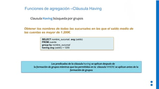 Funciones de agregación –Cláusula Having
Obtener los nombres de todas las sucursales en las que el saldo medio de
las cuentas es mayor de 1.200€.
Los predicados de la cláusula having se aplican después de
la formación de grupos mientras que los permitidos en la cláusula WHERE se aplican antes de la
formación de grupos
SELECT nombre_sucursal, avg (saldo)
FROM cuenta
group by nombre_sucursal
having avg (saldo) > 1200
Clausula Having búsqueda por grupos
 