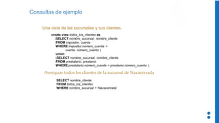 Consultas de ejemplo
Una vista de las sucursales y sus clientes.
Averiguar todos los clientes de la sucursal de Navacerrada
create view todos_los_clientes as
(SELECT nombre_sucursal, nombre_cliente
FROM impositor, cuenta
WHERE impositor.número_cuenta =
cuenta. número_cuenta )
union
(SELECT nombre_sucursal, nombre_cliente
FROM prestatario, prestamo
WHERE prestatario.número_cuenta = prestamo.número_cuenta )
SELECT nombre_cliente
FROM todos_los_clientes
WHERE nombre_sucursal = ‘Navacerrada’
 