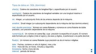 Tipos de datos en SQL (dominios)
char(n). Cadena de caracteres de longitud fija n, especificada por el usuario
varchar(n). Cadena de caracteres de longitud variable con una longitud máxima n
especificada por el usuario.
int. Integer, un subconjunto finito de los enteros depende de la máquina.
smallint. Small integer (un subconjunto dependiente de la máquina del tipo dominio entero).
real, double precision. Número en coma flotante y números en coma flotante de doble
precisión, con precisión dependiente de la máquina.
numeric(p,d). Un número en coma fija, cuya precisión la especifica el usuario. El número
está formado por p dígitos (más el signo) y de esos p dígitos, d pertenecen a la parte decimal.
float(n). Un número en coma flotante cuya precisión es de al menos n dígitos
date: Fechas, contiene un año (4 dígitos), mes y día
time: Hora del día, en horas, minutos y segundos.
timestamp: fecha y hora del día
interval: periodo de tiempo
 