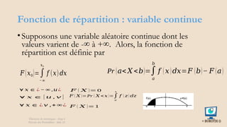 Fonction de répartition : variable continue
•Supposons une variable aléatoire continue dont les
valeurs varient de -∞ à +∞. Alors, la fonction de
répartition est définie par
Éléments de statistiques - chap 4
Théorie des Probablités - slide 22
𝐹 (𝑥0)=∫
−∞
𝑥0
𝑓 (𝑥)𝑑𝑥
∀ 𝑥 ∈ ¿ − ∞ ,𝑢 ¿ 𝐹 ( 𝑋 )= 0
∀ 𝑥 ∈ [ 𝑢 , 𝑣 ] 𝐹 ( 𝑋 )=Pr ( 𝑋 < 𝑥 )=∫
𝑢
𝑥
𝑓 ( 𝑧) 𝑑𝑧
∀ 𝑥 ∈ ¿ 𝑣 ,+ ∞ ¿ 𝐹 ( 𝑋 )= 1
Pr (𝑎< 𝑋 <𝑏)=∫
𝑎
𝑏
𝑓 (𝑥)𝑑𝑥=𝐹 (𝑏)− 𝐹 (𝑎)
 