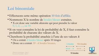 Loi binomiale
• Effectuons cette même opération 10 fois d’affilée.
• Nommons X le nombre de boules bleues extraites.
• X est donc une variable aléatoire qui peut prendre la valeur
0, 1, 2, ...., ou 10.
• Si on veut connaître la loi de probabilité de X, il faut connaître la
probabilité de chacune des valeurs de X.
• Cherchons la probabilité attachée à l’une de ces valeurs k
• On a extrait k boules bleues après 10 tirages
• Donc on a extrait 10 - k boules brunes.
Éléments de statistiques - chap 4
Théorie des Probablités - slide 27
b b b ... b n n n … n
10 boules
10-k boules
k boules
 