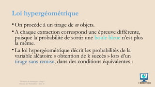 Loi hypergéométrique
•On procède à un tirage de m objets.
•A chaque extraction correspond une épreuve différente,
puisque la probabilité de sortir une boule bleue n’est plus
la même.
•La loi hypergéométrique décrit les probabilités de la
variable aléatoire « obtention de k succès » lors d’un
tirage sans remise, dans des conditions équivalentes :
Éléments de statistiques - chap 4
Théorie des Probablités - slide 32
 
