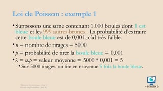 Loi de Poisson : exemple 1
•Supposons une urne contenant 1.000 boules dont 1 est
bleue et les 999 autres brunes. La probabilité d’extraire
cette boule bleue est de 0,001, càd très faible.
•n = nombre de tirages = 5000
•p = probabilité de tirer la boule bleue = 0,001
•λ = n.p = valeur moyenne = 5000 * 0,001 = 5
• Sur 5000 tirages, on tire en moyenne 5 fois la boule bleue.
Éléments de statistiques - chap 4
Théorie des Probablités - slide 36
 