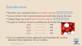 Introduction
• Soit deux sacs contenant chacun une boule rouge et une boule blanche.
• Le jeu consiste à tirer successivement une boule dans chacun des sacs.
• Chaque tirage sera noté R pour la boule rouge et B pour la blanche.
• Un gain est attribué suivant le combinaison de boules tirées.
• Ceci est la définition d’une application de l’ensemble des résultats
aléatoires d’une expérience vers un nombre.
(R,R) 100€
(R,B) -60€
(B,R) -60€
(B,B) 40€
Éléments de statistiques - chap 4
Théorie des Probablités - slide 4
 