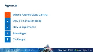 @IntelSoftware @IntelGraphics
Agenda
What is Android Cloud Gaming
Why is it Container based
How to implement it
Advantages
Challenges
22
 