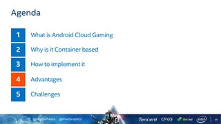 @IntelSoftware @IntelGraphics
Agenda
What is Android Cloud Gaming
Why is it Container based
How to implement it
Advantages
Challenges
39
 