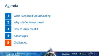 @IntelSoftware @IntelGraphics
Agenda
What is Android Cloud Gaming
Why is it Container based
How to implement it
Advantages
Challenges
44
 