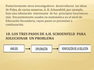 Posteriormente otros investigadores desarrollaron las ideas
de Polya, de varias maneras. A. H. Schoenfeld, por ejemplo,
hizo una tabulación interesante de los principios heurísticos
más frecuentemente usados en matemática en el nivel de
Educación Secundaria, cuyos pasos se presentan a
continuación.
18. LOS TRES PASOS DE A.H. SCHOENFELD PARA
SOLUCIONAR UN PROBLEMA
ANÁLISIS EXPLORACIÓN VERIFICACIÓNDELASOLUCIÓN
 