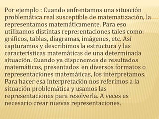 Por ejemplo : Cuando enfrentamos una situación
problemática real susceptible de matematización, la
representamos matemáticamente. Para eso
utilizamos distintas representaciones tales como:
gráficos, tablas, diagramas, imágenes, etc. Así
capturamos y describimos la estructura y las
características matemáticas de una determinada
situación. Cuando ya disponemos de resultados
matemáticos, presentados en diversos formatos o
representaciones matemáticas, los interpretamos.
Para hacer esa interpretación nos referimos a la
situación problemática y usamos las
representaciones para resolverla. A veces es
necesario crear nuevas representaciones.
 