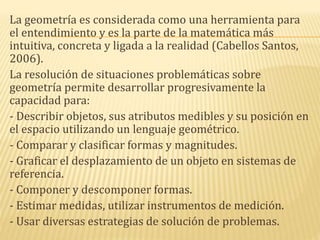 La geometría es considerada como una herramienta para
el entendimiento y es la parte de la matemática más
intuitiva, concreta y ligada a la realidad (Cabellos Santos,
2006).
La resolución de situaciones problemáticas sobre
geometría permite desarrollar progresivamente la
capacidad para:
- Describir objetos, sus atributos medibles y su posición en
el espacio utilizando un lenguaje geométrico.
- Comparar y clasificar formas y magnitudes.
- Graficar el desplazamiento de un objeto en sistemas de
referencia.
- Componer y descomponer formas.
- Estimar medidas, utilizar instrumentos de medición.
- Usar diversas estrategias de solución de problemas.
 