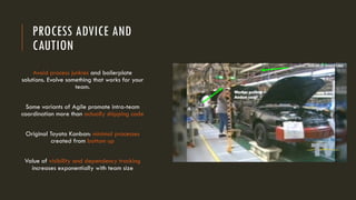 PROCESS ADVICE AND
CAUTION
Avoid process junkies and boilerplate
solutions. Evolve something that works for your
team.
Some variants of Agile promote intra-team
coordination more than actually shipping code
Original Toyota Kanban: minimal processes
created from bottom up
Value of visibility and dependency tracking
increases exponentially with team size
 