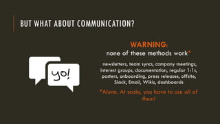 BUT WHAT ABOUT COMMUNICATION?
WARNING:
none of these methods work*
newsletters, team syncs, company meetings,
interest groups, documentation, regular 1:1s,
posters, onboarding, press releases, offsite,
Slack, Email, Wikis, dashboards
*Alone. At scale, you have to use all of
them!
 