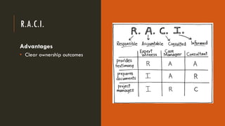 R.A.C.I.
Advantages
• Clear ownership outcomes
 