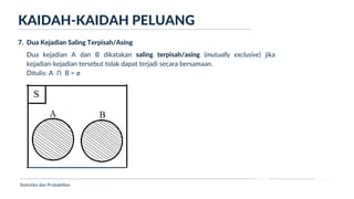 Ukuran Lokasi dan Dispersi
Dua kejadian A dan B dikatakan saling terpisah/asing (mutually exclusive) jika
kejadian-kejadian tersebut tidak dapat terjadi secara bersamaan.
Ditulis: A Ո B = ø
KAIDAH-KAIDAH PELUANG
Statistika dan Probabilitas
7. Dua Kejadian Saling Terpisah/Asing
 