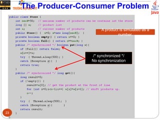 The Producer-Consumer Problem
/* synchronized */
No synchronization
A product is simulated as a
number.
23
 