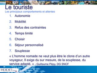 Le touriste
Les principaux comportements et attentes
   1. Autonomie
   2. Mobilité
   3.
   3 Refus des contraintes
   4. Temps limité
   5. Choisir
   6.
   6 Séjour personnalisé
   7. Souplesse
   « L’homme nomade ne veut plus être le clone d’un autre
   voyageur, Il exige du sur mesure, de la souplesse, du
   service adapté » - Guillaume Pépy DG SNCF
           adapté.              Pépy,
 