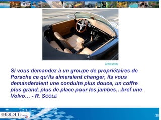 Crédit photo


Si vous demandez à un groupe de propriétaires de
Porsche ce qu’ils aimeraient changer, ils vous
P     h       ’il i      i t h        il
demanderaient une conduite plus douce, un coffre
plus grand, plus de place pour les jambes…bref une
     grand                         jambes bref
Volvo… - R. SCOLE


                                                     28
 