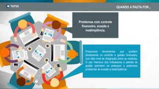 QUANDO A PAUTA FOR...
Problemas com controle
financeiro, evasão e
inadimplência.
Possuímos ferramentas que auxiliam
diretamente no controle e gestão financeira,
com alto nível de integração entre os módulos.
O uso intensivo dos indicadores e painéis de
gestão permitem se antecipar a potenciais
problemas de evasão e inadimplência.
 