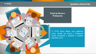 QUANDO A PAUTA FOR...
Portal de Alunos e
Professores
O TOTVS Educa Mobile, nova plataforma
móvel, permite aos alunos e professores
acesso simplificado e adaptável a qualquer
dispositivo móvel.
 